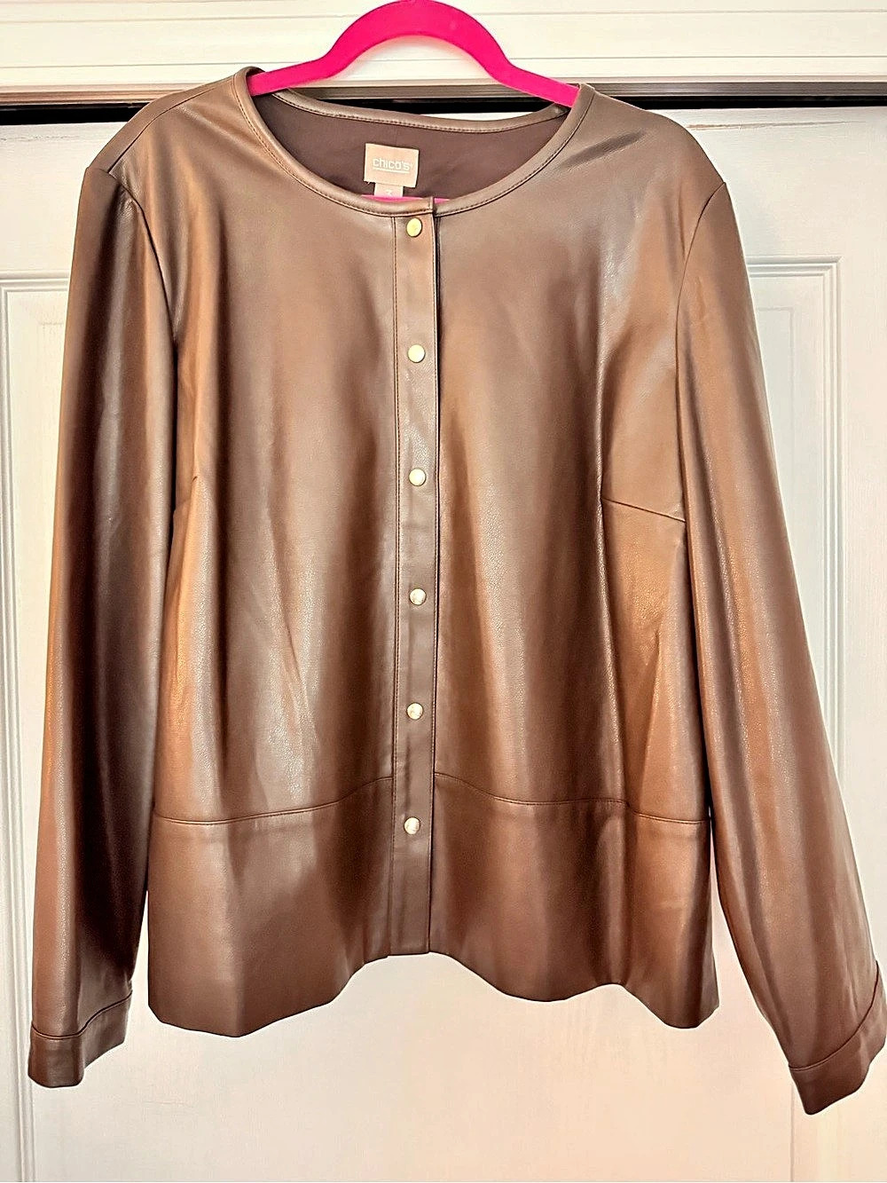 New Chico's Brown Vegan Leather Jacket with Gold Snaps